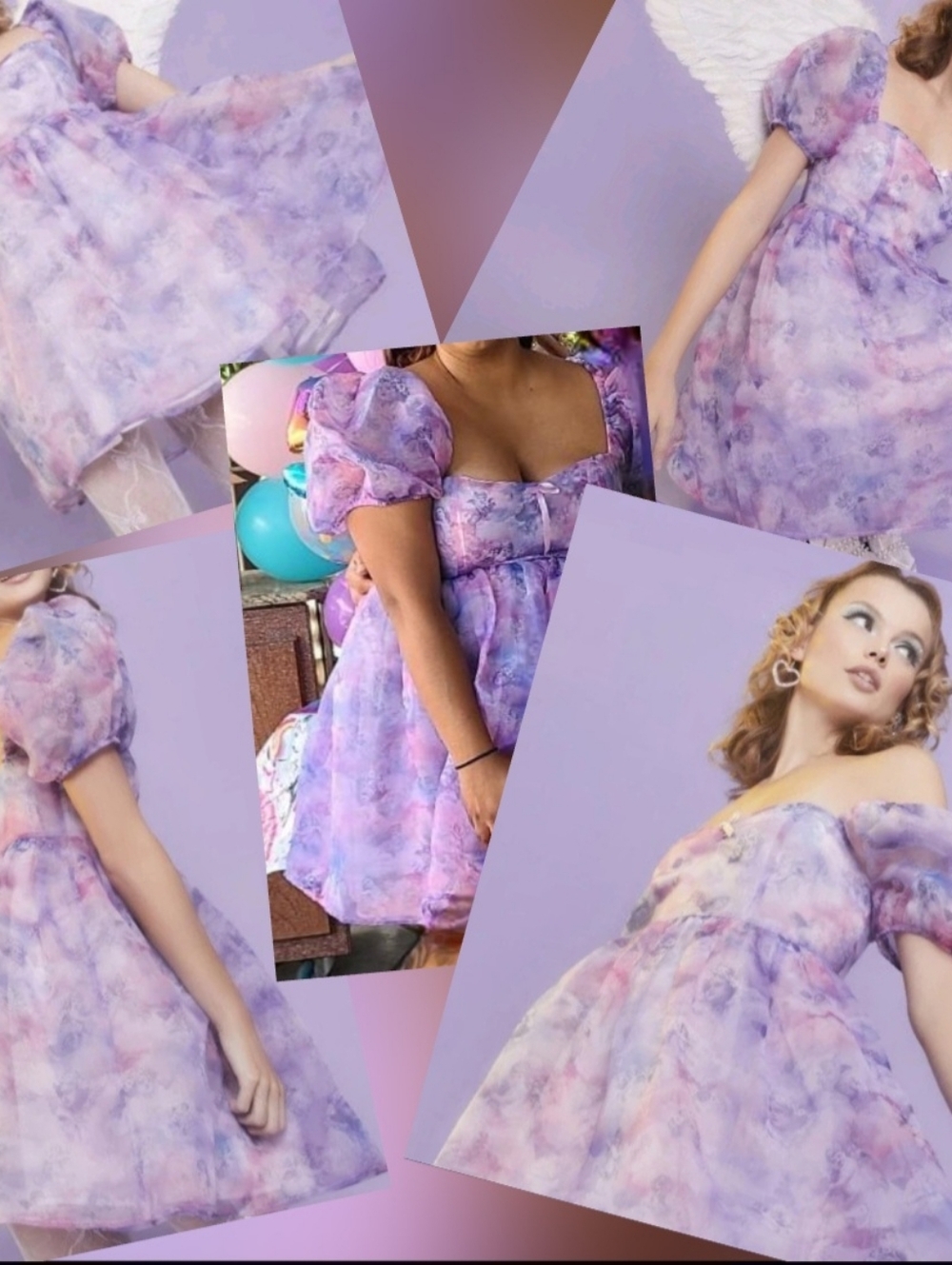 SUGAR THRILLZ Cloud Angeles Sheer Organza Babydoll Dress Puff Sleeves Lilac Pink